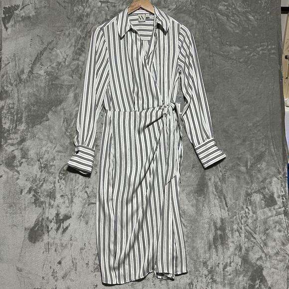 Worthington Industries Dresses & Skirts - Worthington Striped Wrap Midi Dress Womens Sz S White Slinky Elegant Office Wear